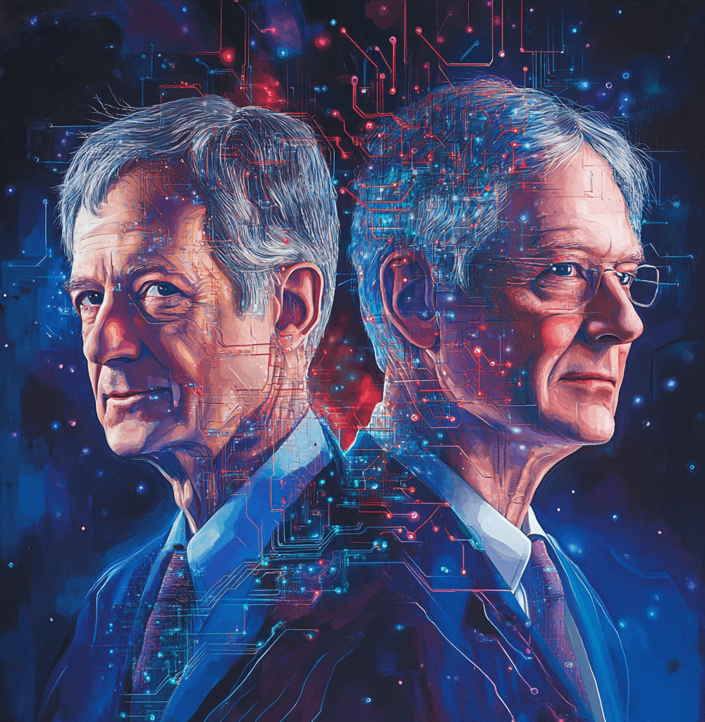 Retrato artístico de dos científicos, John Hopfield y Geoffrey Hinton, de perfil y mirando en direcciones opuestas, representados en un estilo futurista. Sus rostros están rodeados de circuitos electrónicos y conexiones brillantes que simulan redes neuronales, evocando el impacto de sus investigaciones en inteligencia artificial. El fondo es oscuro, con tonos azules y púrpuras, resaltando patrones luminosos similares a sinapsis y nodos conectados, simbolizando la tecnología de redes neuronales y el campo de la inteligencia artificial