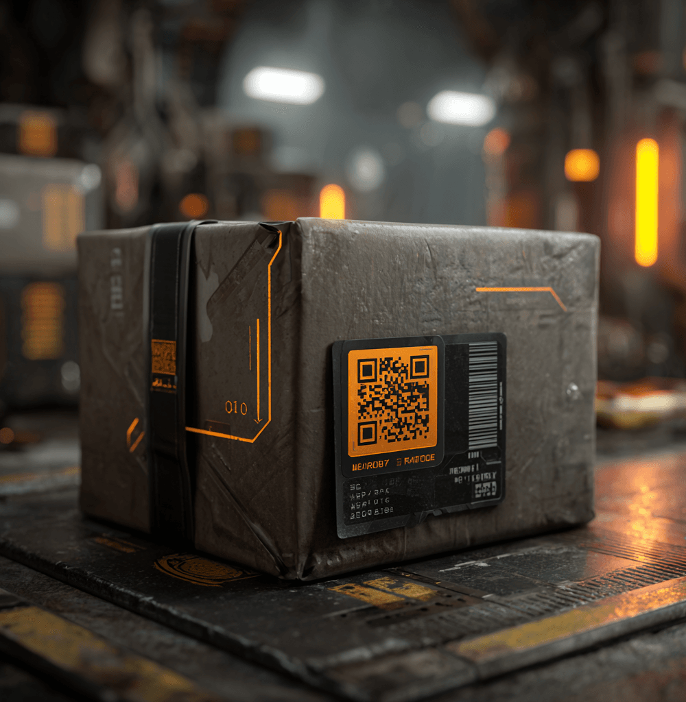 Etiqueta inteligente RFID en un paquete industrial, símbolo de trazabilidad y logística 4.0 conectada