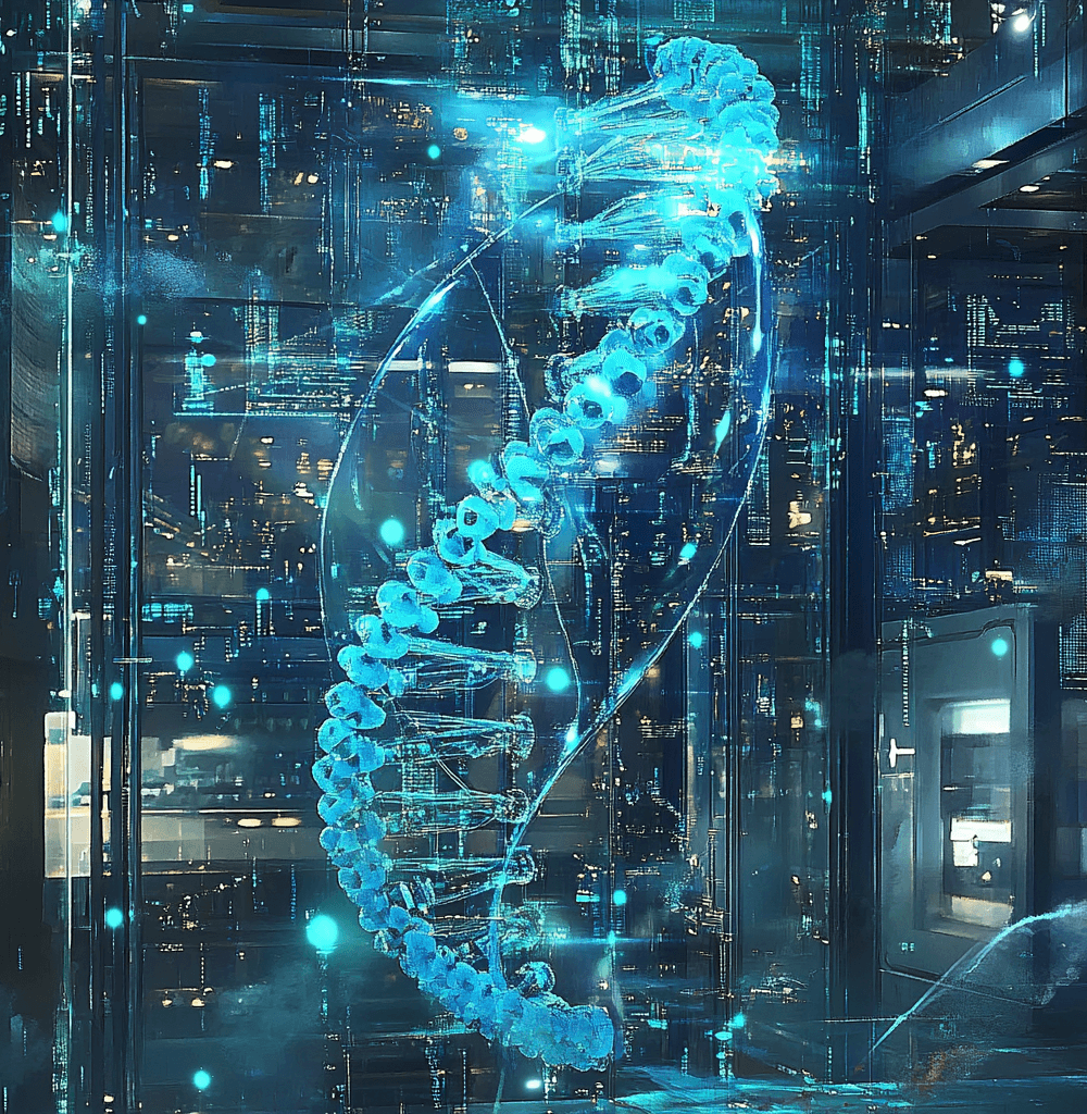 Ilustración futurista de una doble hélice de ADN luminosa entrelazada con circuitos digitales en un laboratorio de alta tecnología, simbolizando la fusión de biotecnología e inteligencia artificial
