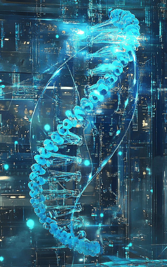 Ilustración futurista de una doble hélice de ADN luminosa entrelazada con circuitos digitales en un laboratorio de alta tecnología, simbolizando la fusión de biotecnología e inteligencia artificial