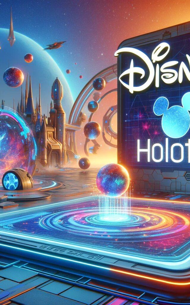 Arte digital vibrante de Disney mostrando el logo "Holotile" con imágenes futuristas, planetas, y naves espaciales en un escenario de ciencia ficción