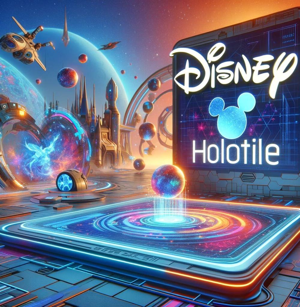 Arte digital vibrante de Disney mostrando el logo "Holotile" con imágenes futuristas, planetas, y naves espaciales en un escenario de ciencia ficción