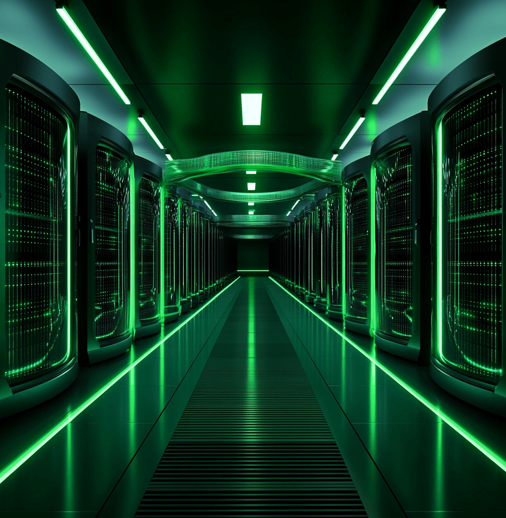 Pasillo futurista de un centro de datos ecológico, iluminado con luces verdes y servidores avanzados, representando tecnología sostenible e innovación