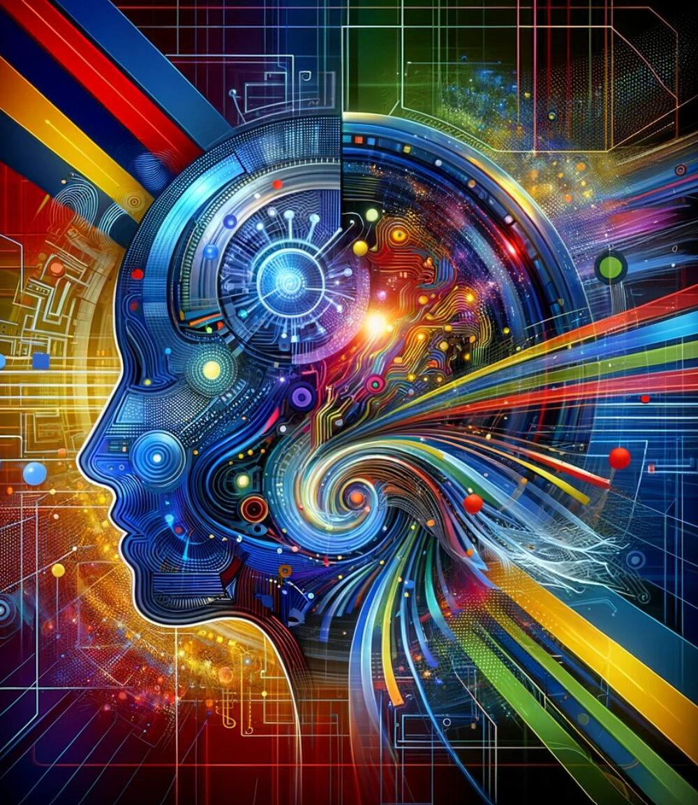 Ilustración digital abstracta de un perfil humano fusionándose con elementos de tecnología y circuitos, destacando conceptos de inteligencia artificial y cibernética en colores vivos sobre fondo oscuro