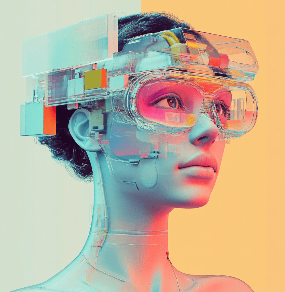 Representación futurista de un androide femenino con aspecto humanoide, con piel metálica translúcida y detalles tecnológicos integrados. Lleva un visor de realidad aumentada con estructuras geométricas y elementos de neón en colores vibrantes como naranja, azul y rosa. El fondo está dividido en tonos suaves, mitad crema y mitad anaranjado, creando un contraste visual moderno y artístico