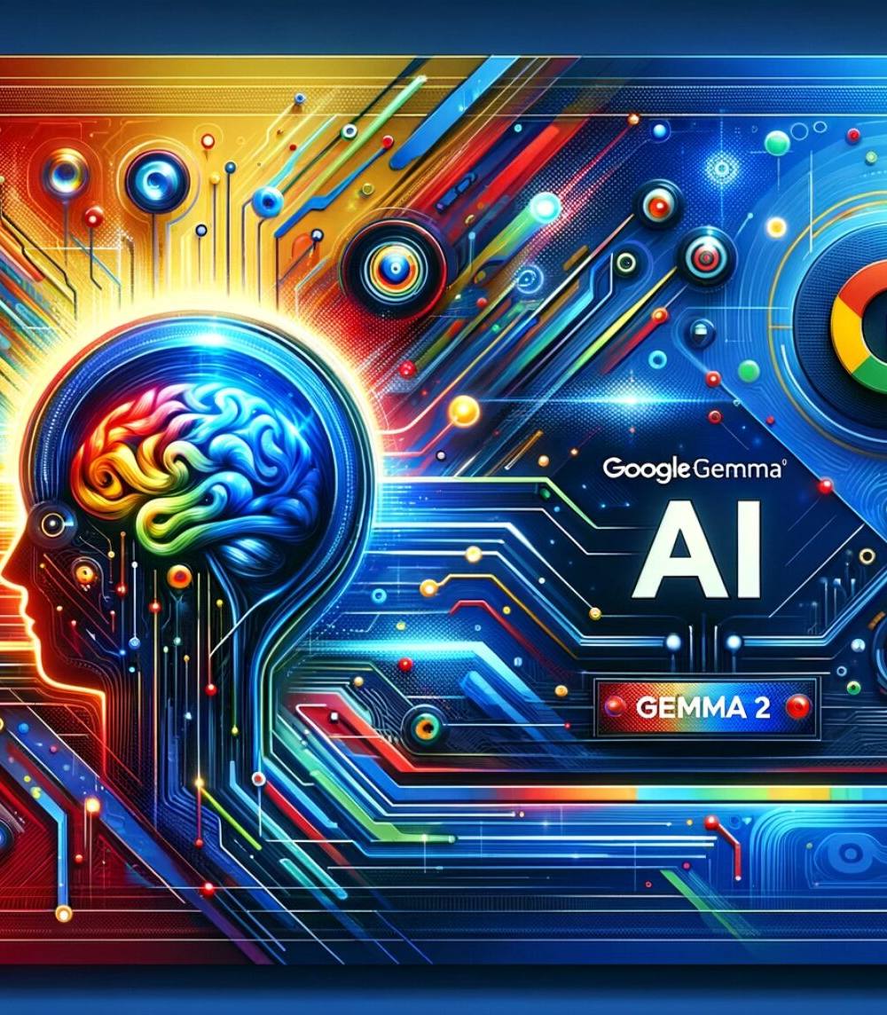 tecnología avanzada de inteligencia artificial con 'Gemma 2', utilizando los colores corporativos de Google (azul, rojo, amarillo, verde) y elementos visuales como redes neuronales, chips de computadora y cerebros digitales