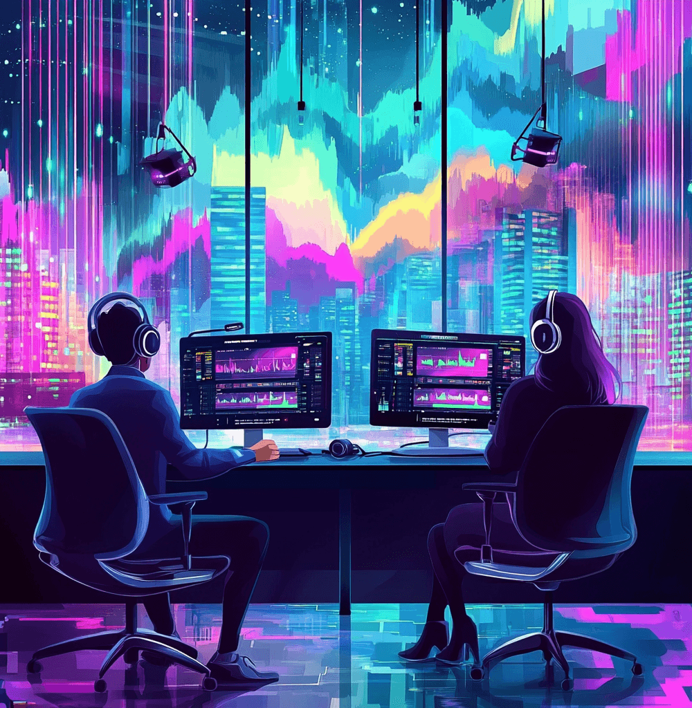 Dos presentadores virtuales con auriculares trabajando en un estudio futurista lleno de luces de neón, pantallas de audio y gráficos dinámicos, con un paisaje urbano iluminado al fondo que refuerza el concepto de tecnología avanzada en podcasting