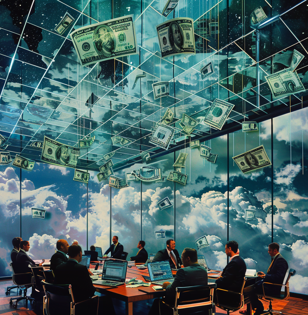 Directivos de Goldman Sachs en una reunión corporativa, rodeados de pantallas y gráficos de IA, con billetes de dólar flotando en el aire, simbolizando la integración de inteligencia artificial generativa en la empresa