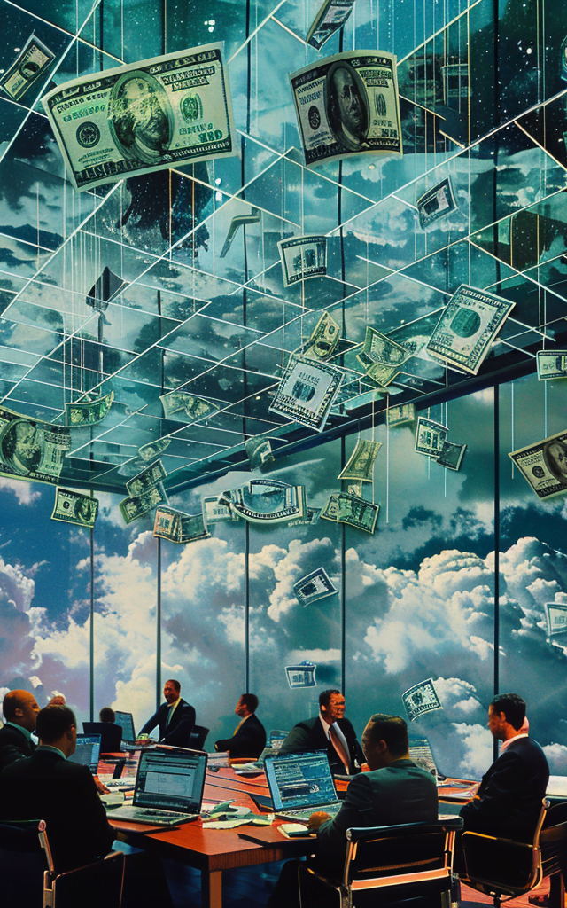 Directivos de Goldman Sachs en una reunión corporativa, rodeados de pantallas y gráficos de IA, con billetes de dólar flotando en el aire, simbolizando la integración de inteligencia artificial generativa en la empresa