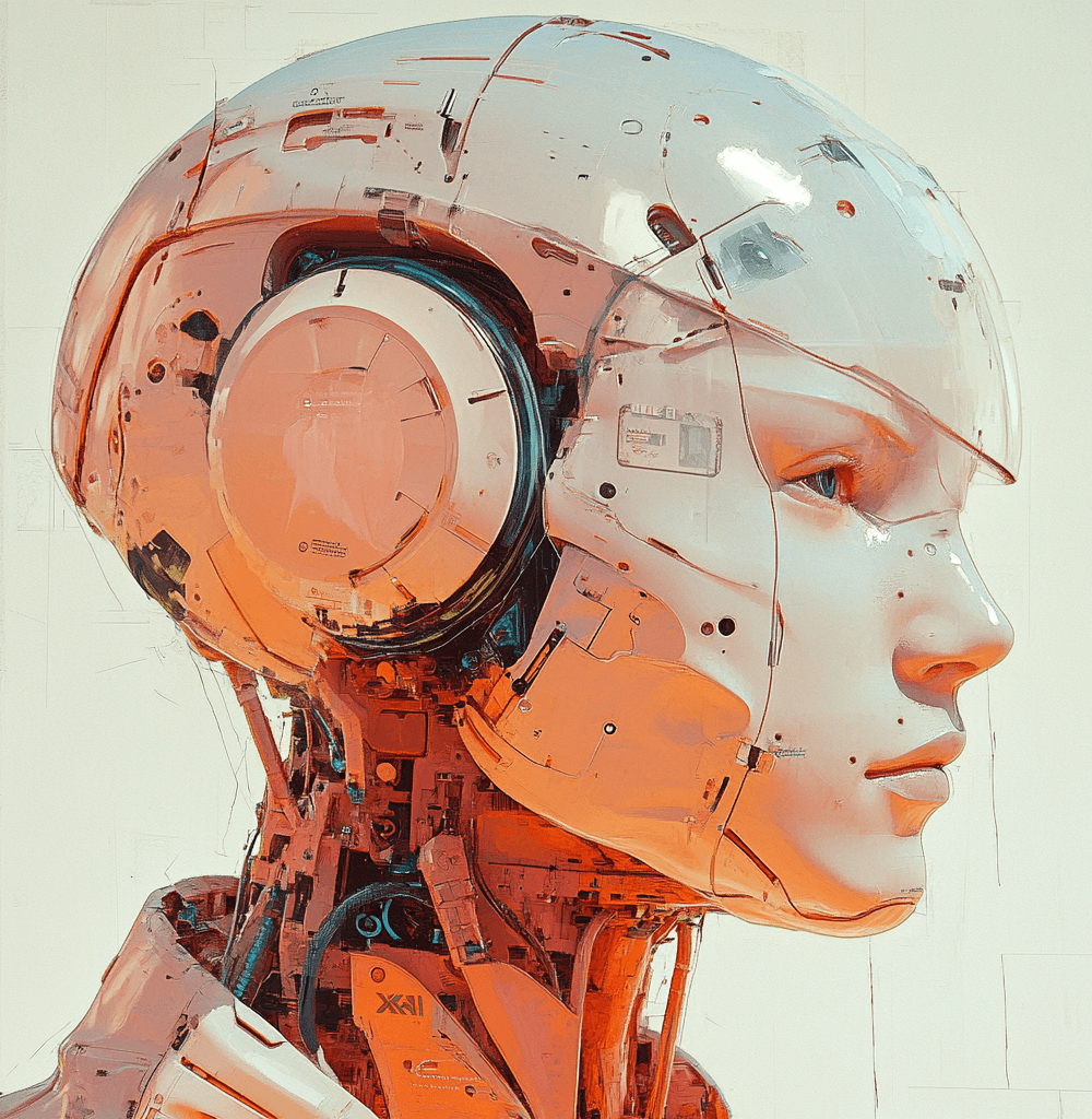 Androide futurista con diseño avanzado y detalles cibernéticos, representando la inteligencia artificial de Grok 3 en un estilo tecnológico y vanguardista