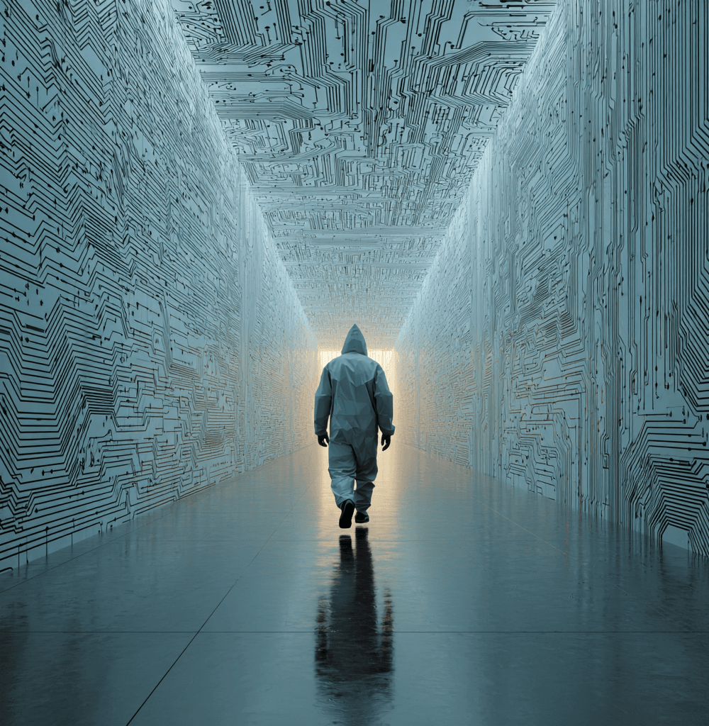 Persona caminando en un pasillo futurista con circuitos digitales, representación visual de la IA agent y su avance hacia el futuro tecnológico