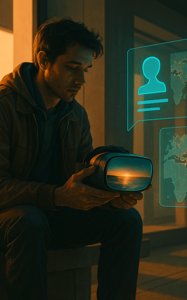 viajes impulsados por IA viajero con casco VR e interfaz holográfica