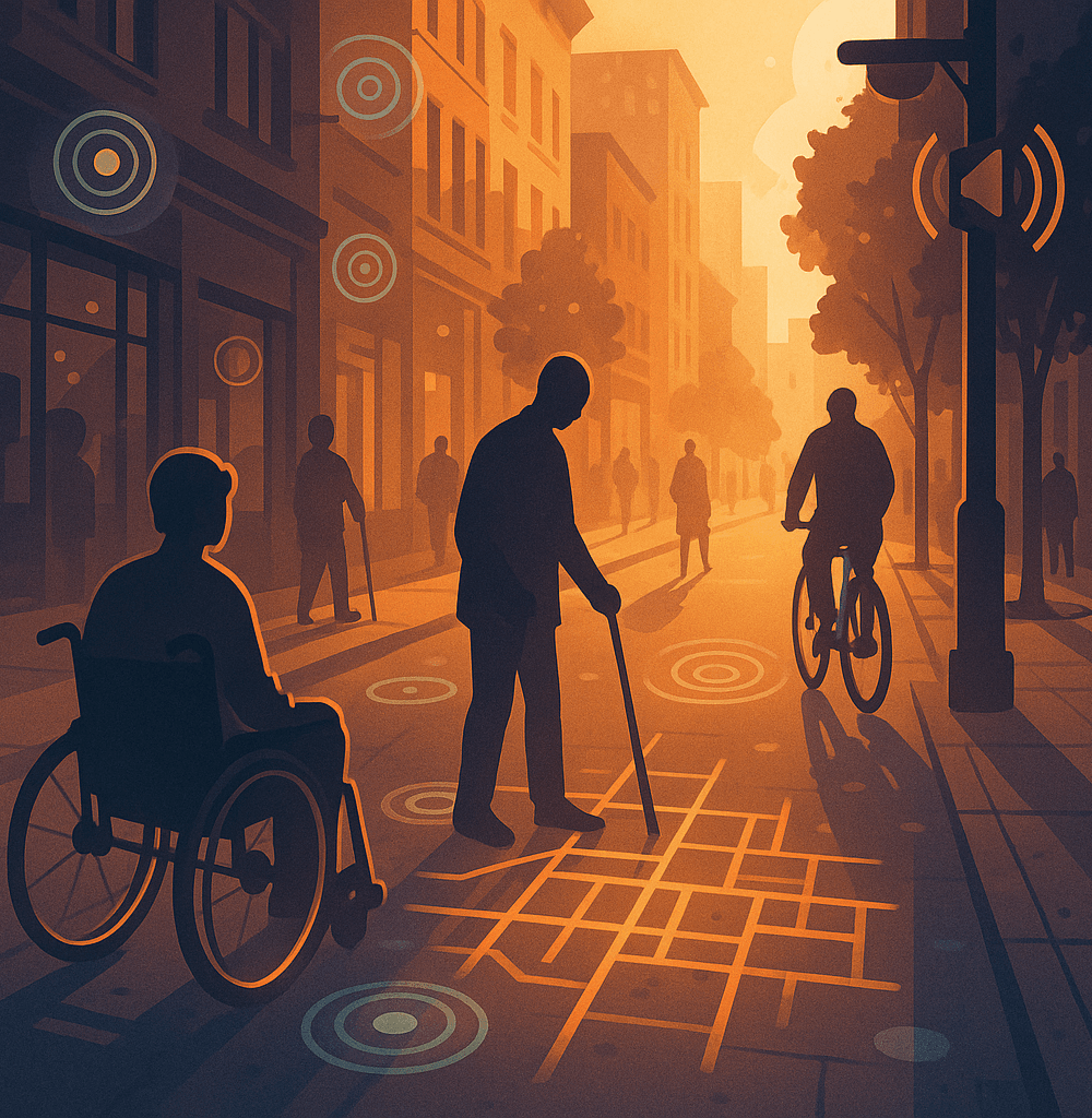 Persona en silla usando movilidad accesible con IA en ciudad