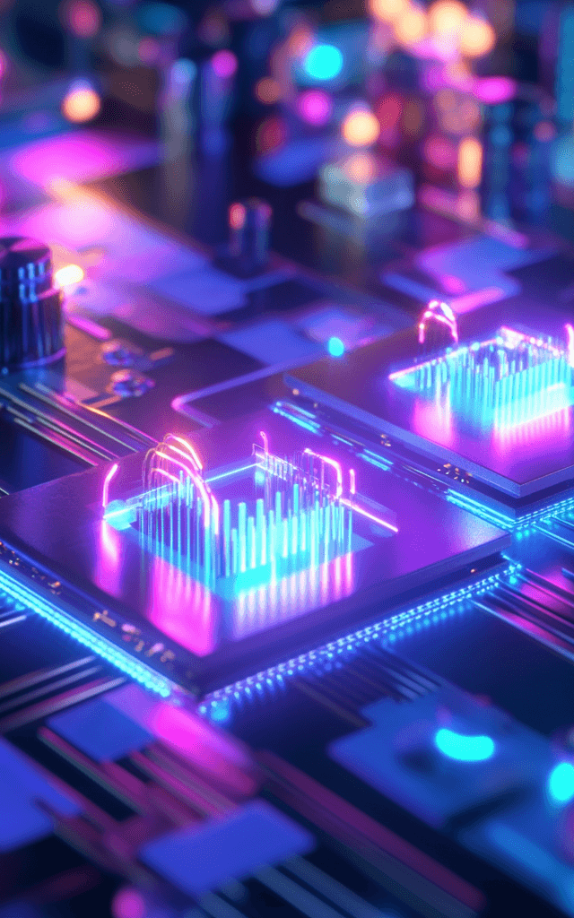 Representación futurista de dos chips cuánticos conectados, rodeados de luces y filamentos en tonos azul y púrpura, con un diseño de alta tecnología en un circuito iluminado, simbolizando avances en la computación cuántica