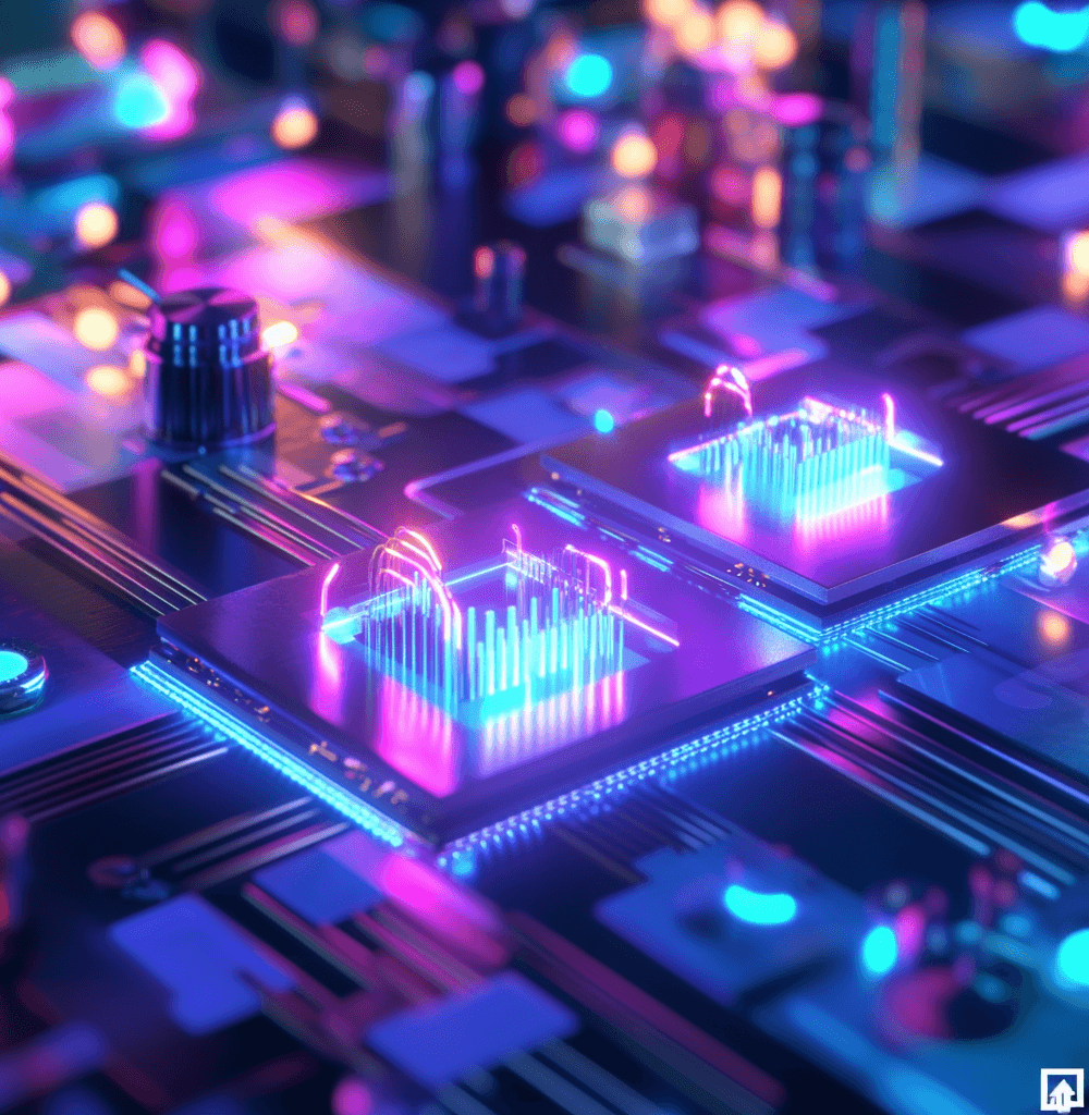 Representación futurista de dos chips cuánticos conectados, rodeados de luces y filamentos en tonos azul y púrpura, con un diseño de alta tecnología en un circuito iluminado, simbolizando avances en la computación cuántica