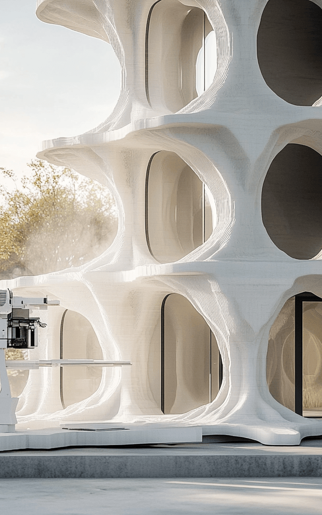 Impresora 3D construyendo un edificio futurista con diseño orgánico y ventanas curvas, utilizando tecnología avanzada de impresión 3D en construcción