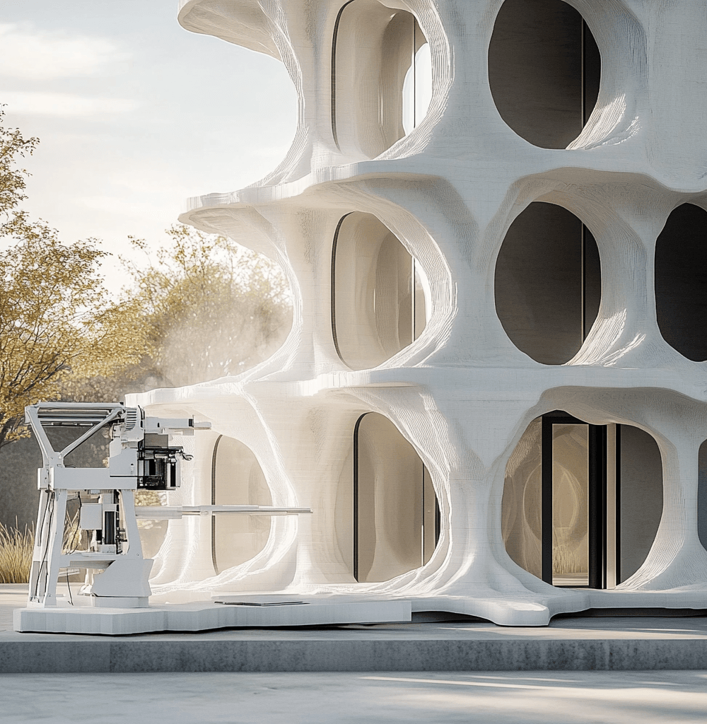 Impresora 3D construyendo un edificio futurista con diseño orgánico y ventanas curvas, utilizando tecnología avanzada de impresión 3D en construcción