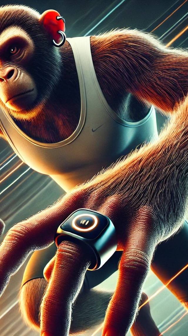 Un mono atlético llevando un anillo inteligente minimalista Galaxy Ring en el dedo índice, destacando la integración de tecnología y estilo de vida activo