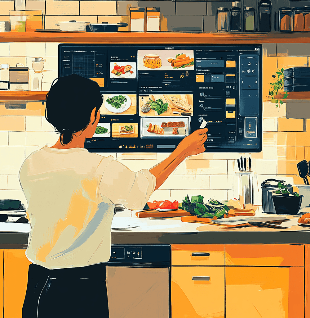 Persona usando inteligencia artificial en la cocina para planificar su menú semanal en una pantalla digital