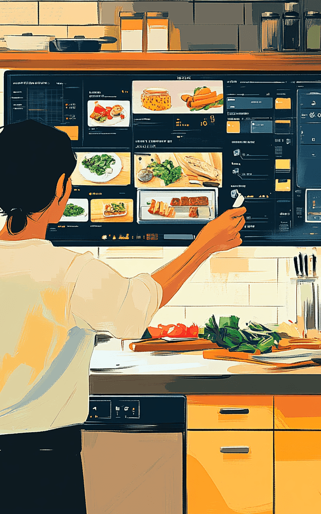 Persona usando inteligencia artificial en la cocina para planificar su menú semanal en una pantalla digital