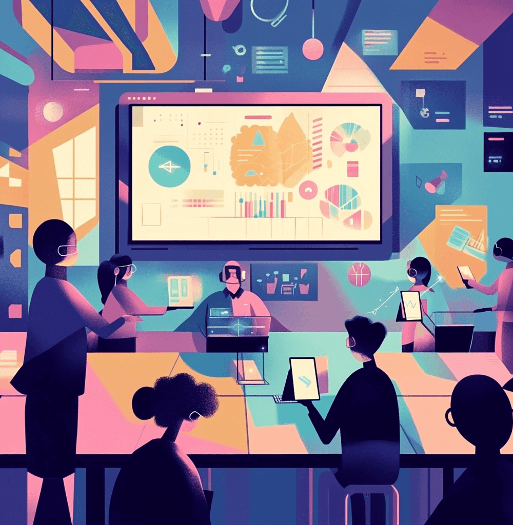 Ilustración futurista de un aula con estudiantes y profesor utilizando inteligencia artificial en la educación, con pantallas interactivas y dispositivos digitales