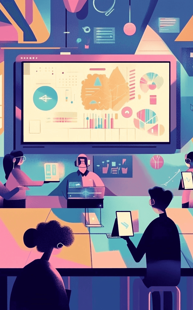 Ilustración futurista de un aula con estudiantes y profesor utilizando inteligencia artificial en la educación, con pantallas interactivas y dispositivos digitales