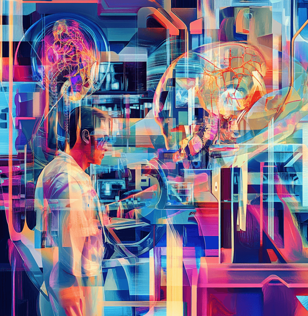 Investigador en laboratorio futurista usando inteligencia artificial médica, rodeado de elementos tecnológicos y cerebros artificiales en estilo cubista y colores vibrantes