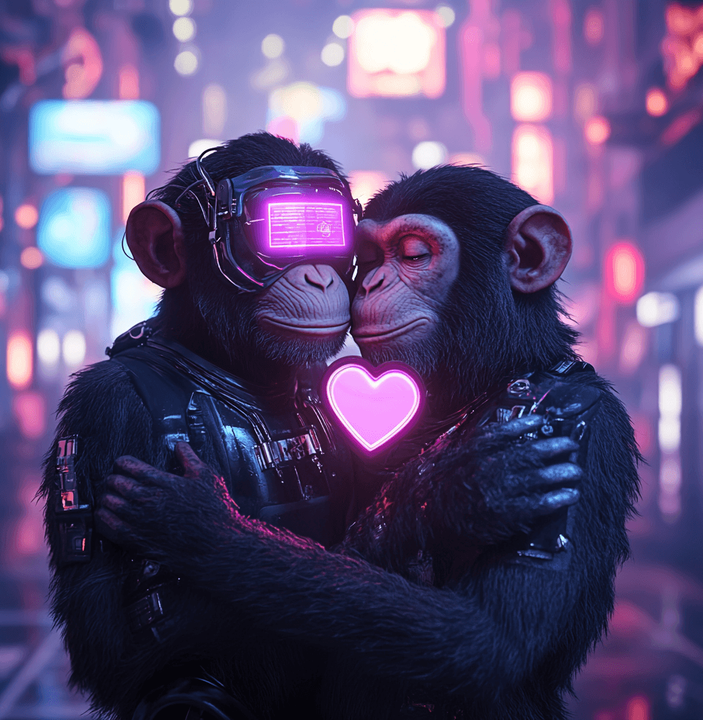 Monos cibernéticos abrazándose en un entorno futurista con luces de neón, simbolizando el impacto de la inteligencia artificial en pareja y las relaciones amorosas