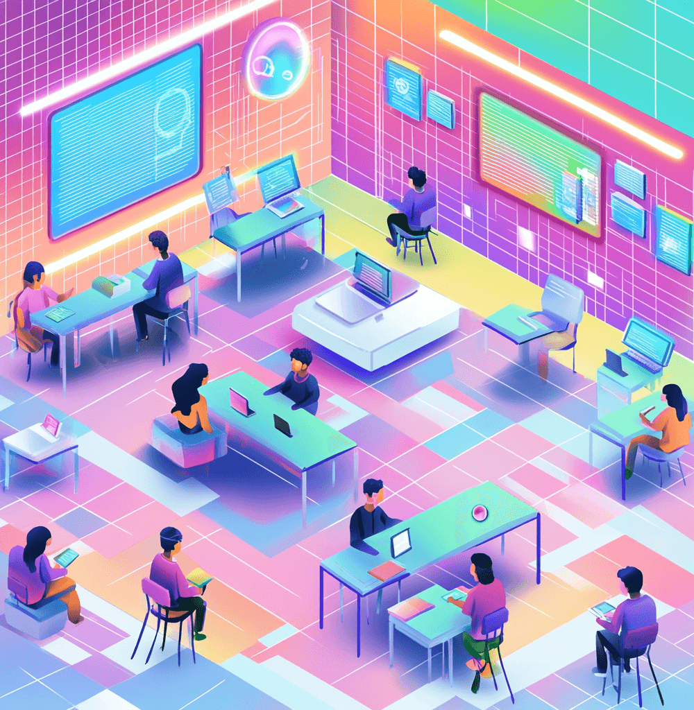 Aula futurista con estudiantes utilizando herramientas de inteligencia artificial, rodeados de pantallas holográficas y dispositivos digitales en un entorno moderno y colorido, estilo isométrico digital