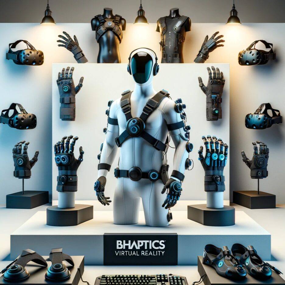 Exhibición de equipo de realidad virtual BHAPTICS, incluyendo traje, chalecos, guantes y calzado táctil, con teclado en primer plano