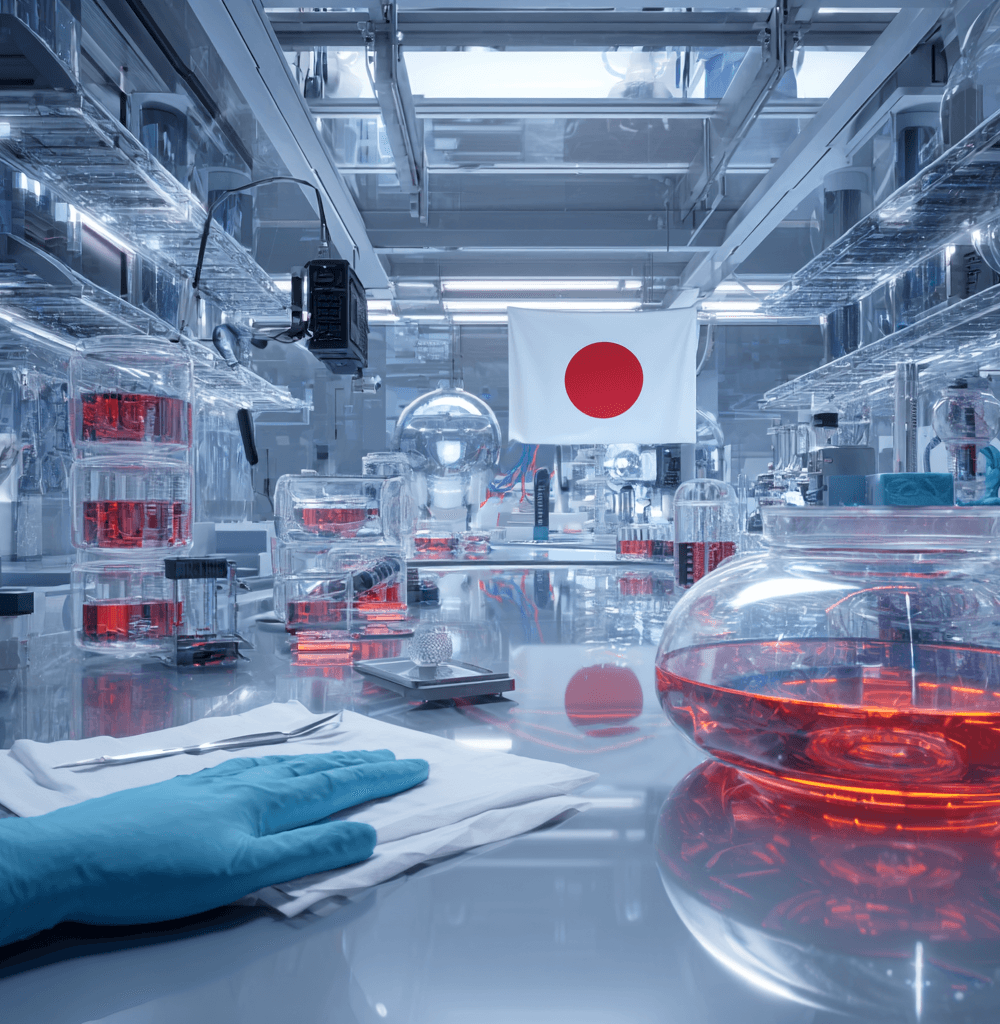 Laboratorio japonés futurista desarrollando sangre artificial universal con vesículas nanométricas, con líquidos rojos en recipientes, tecnología avanzada y bandera de Japón