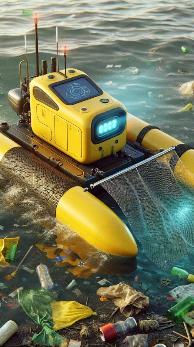 Robot amarillo de limpieza oceánica recogiendo residuos plásticos en un mar contaminado para mejorar el medio ambiente marino