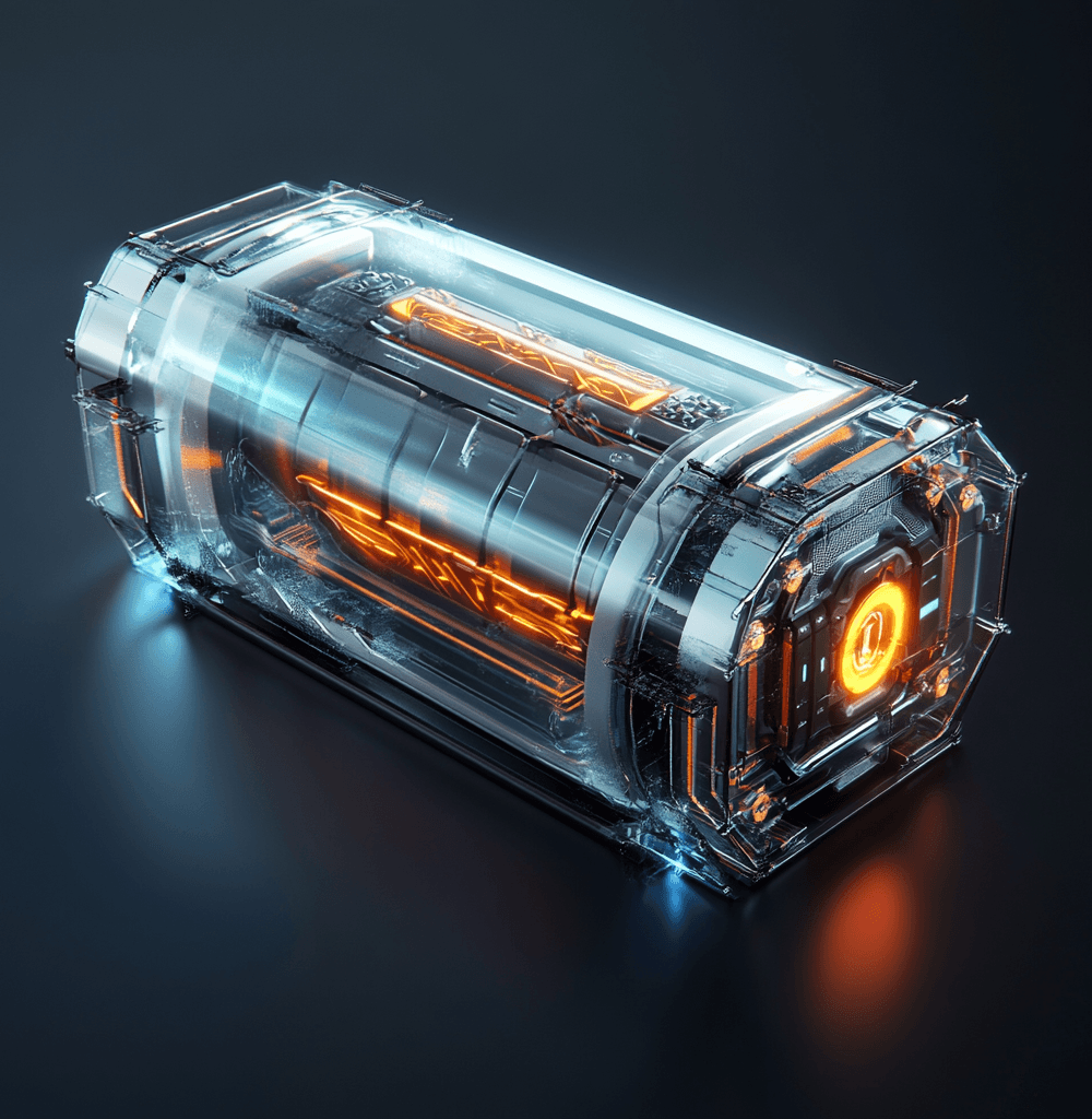 Batería futurista de diseño transparente con tecnología avanzada, mostrando componentes internos iluminados y detalles innovadores que destacan seguridad y durabilidad