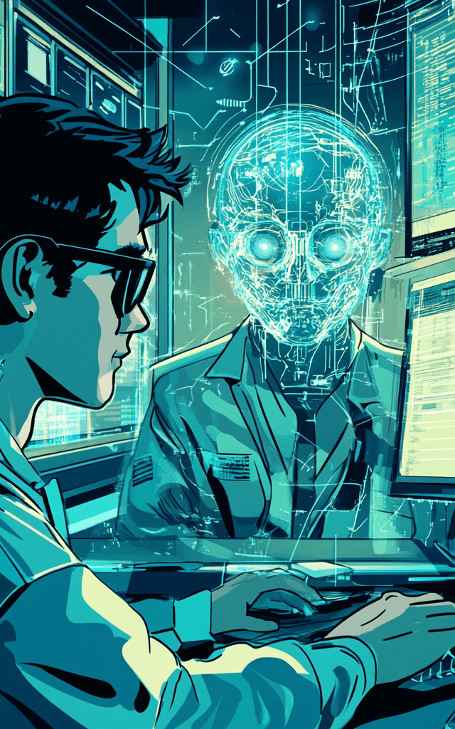 Ilustración futurista de un analista trabajando en ciberseguridad con inteligencia artificial. Un humano con gafas observa múltiples pantallas llenas de datos mientras una figura holográfica con rostro digital y ojos brillantes aparece en el fondo, representando una IA avanzada