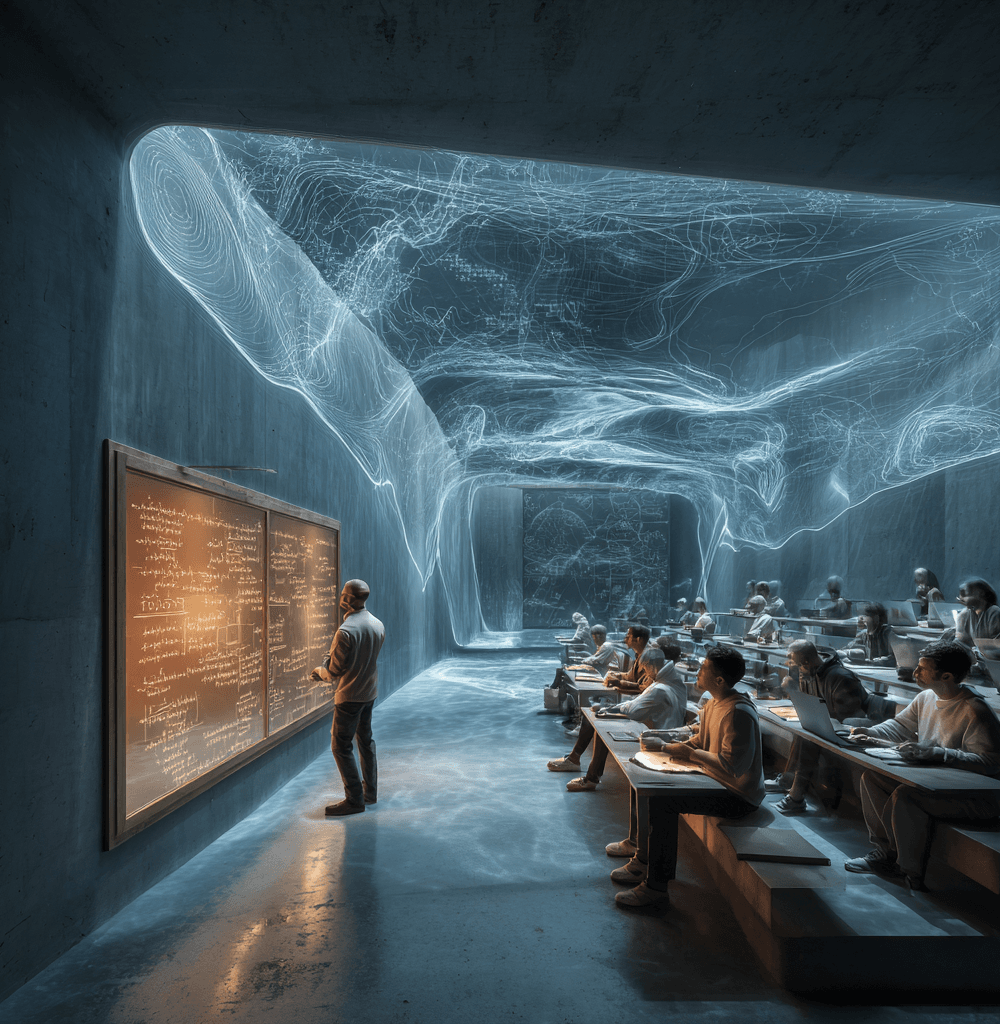 Ilustración de un aula futurista donde la inteligencia artificial en la educación se refleja en hologramas, pizarras digitales y estudiantes interactuando con tutores virtuales en un entorno híbrido humano-máquina.