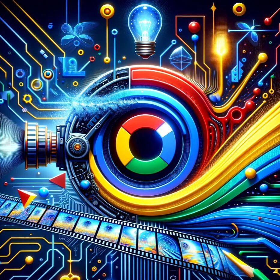 Representación digital de una cámara fotográfica estilizada con un lente colorido al centro, rodeada de circuitos y símbolos de innovación como engranajes y una bombilla, todo en una paleta de colores vivos que sugiere tecnología y creatividad