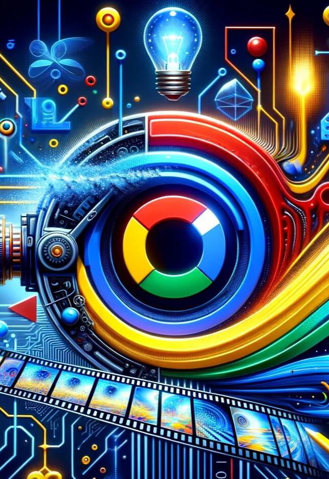 Representación digital de una cámara fotográfica estilizada con un lente colorido al centro, rodeada de circuitos y símbolos de innovación como engranajes y una bombilla, todo en una paleta de colores vivos que sugiere tecnología y creatividad