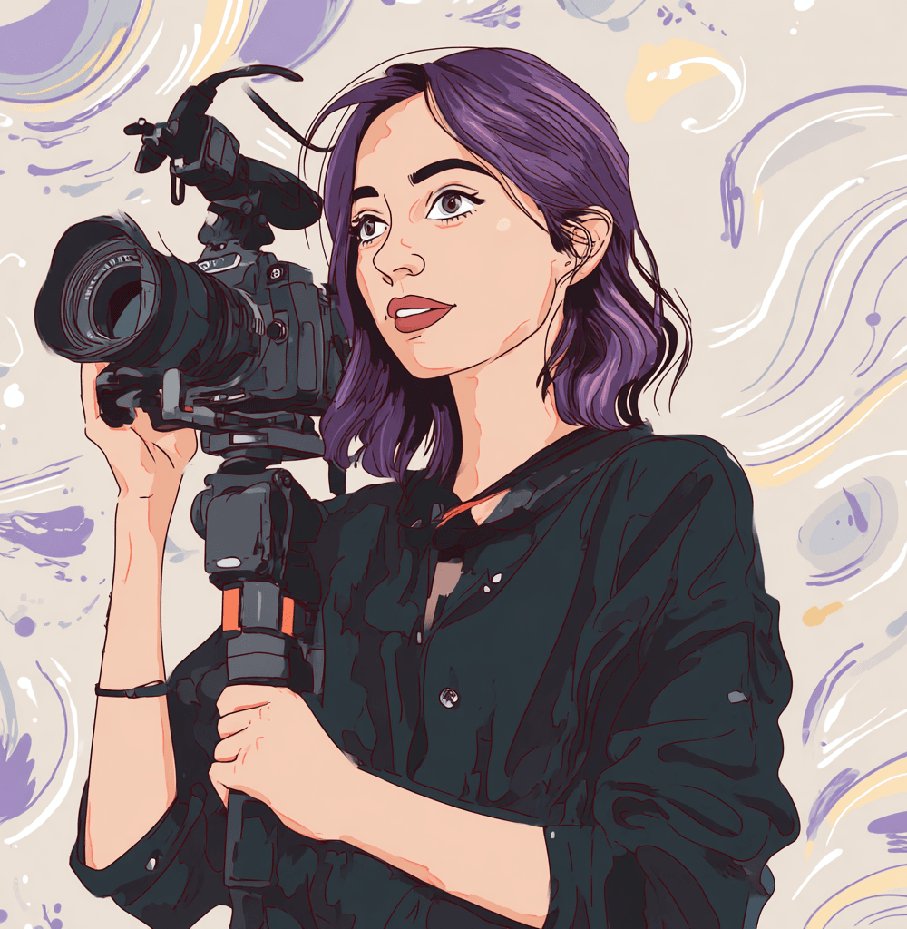 Ilustración de una joven videógrafa con cabello púrpura sosteniendo una cámara profesional sobre trípode, lista para grabar contenido, con fondo artístico y colores pastelIlustración en estilo puntillista de un creador de contenido moderno en un estudio, rodeado de equipo como cámara, luces y micrófono