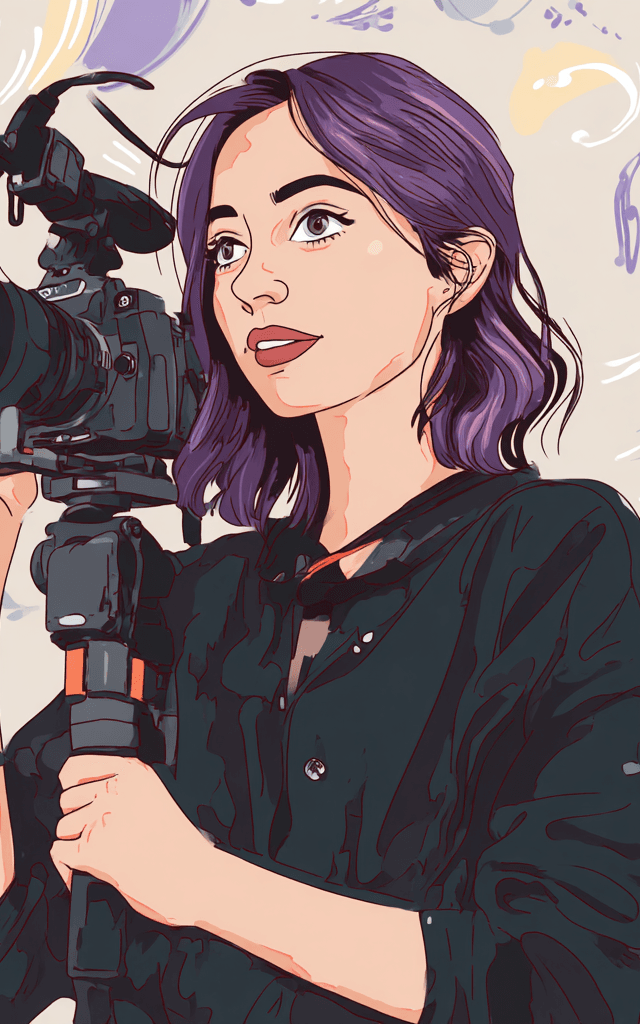 Ilustración de una joven videógrafa con cabello púrpura sosteniendo una cámara profesional sobre trípode, lista para grabar contenido, con fondo artístico y colores pastelIlustración en estilo puntillista de un creador de contenido moderno en un estudio, rodeado de equipo como cámara, luces y micrófono