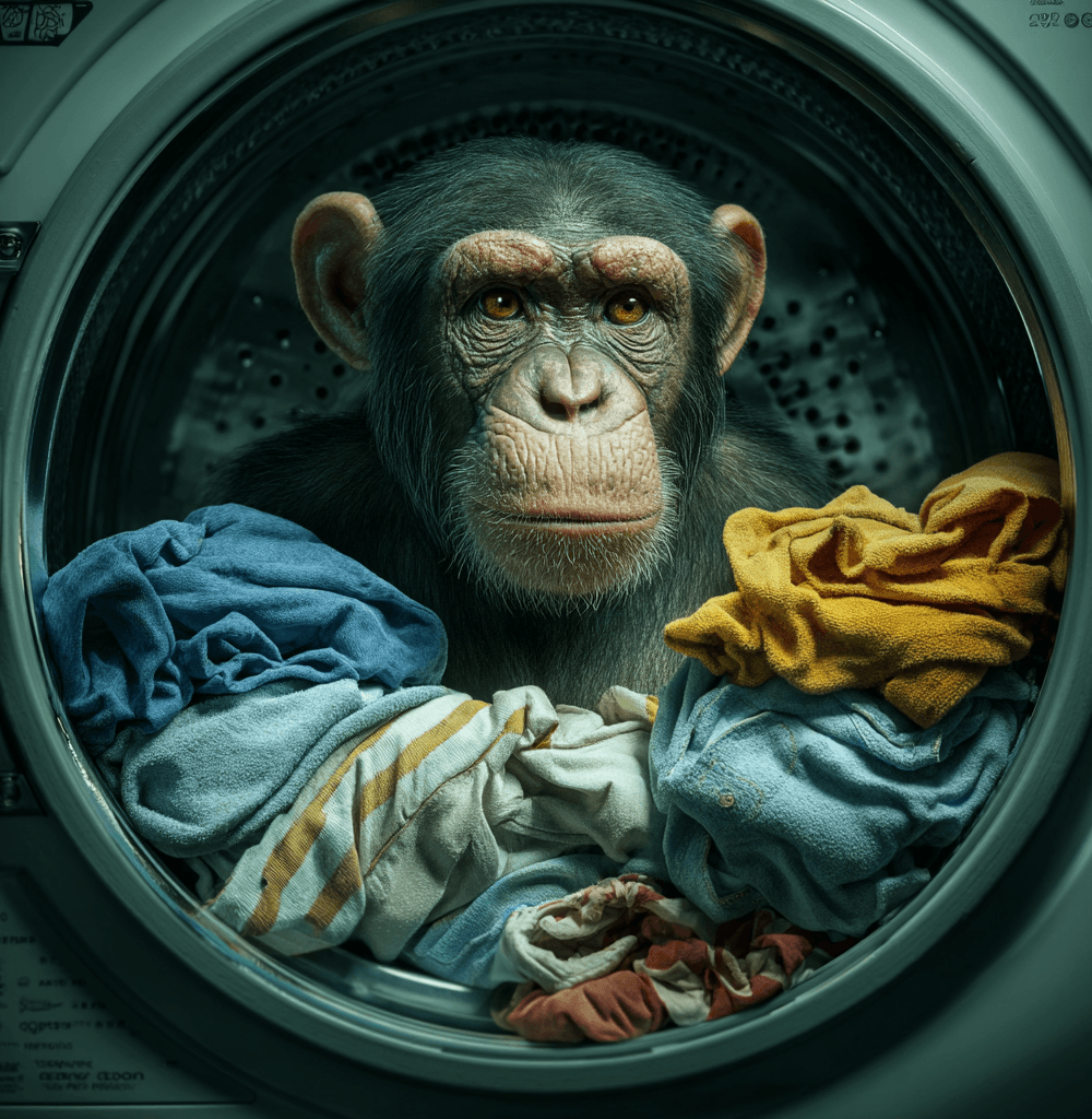 Chimpancé dentro de una lavadora rodeado de ropa de coloresun chimpance comparando dos lavadoras