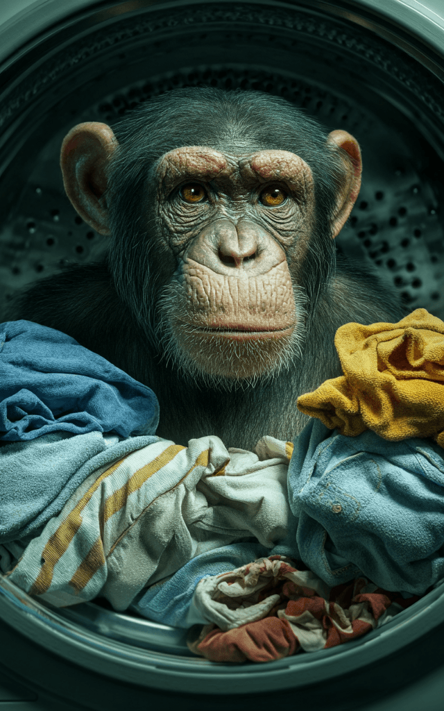 Chimpancé dentro de una lavadora rodeado de ropa de coloresun chimpance comparando dos lavadoras