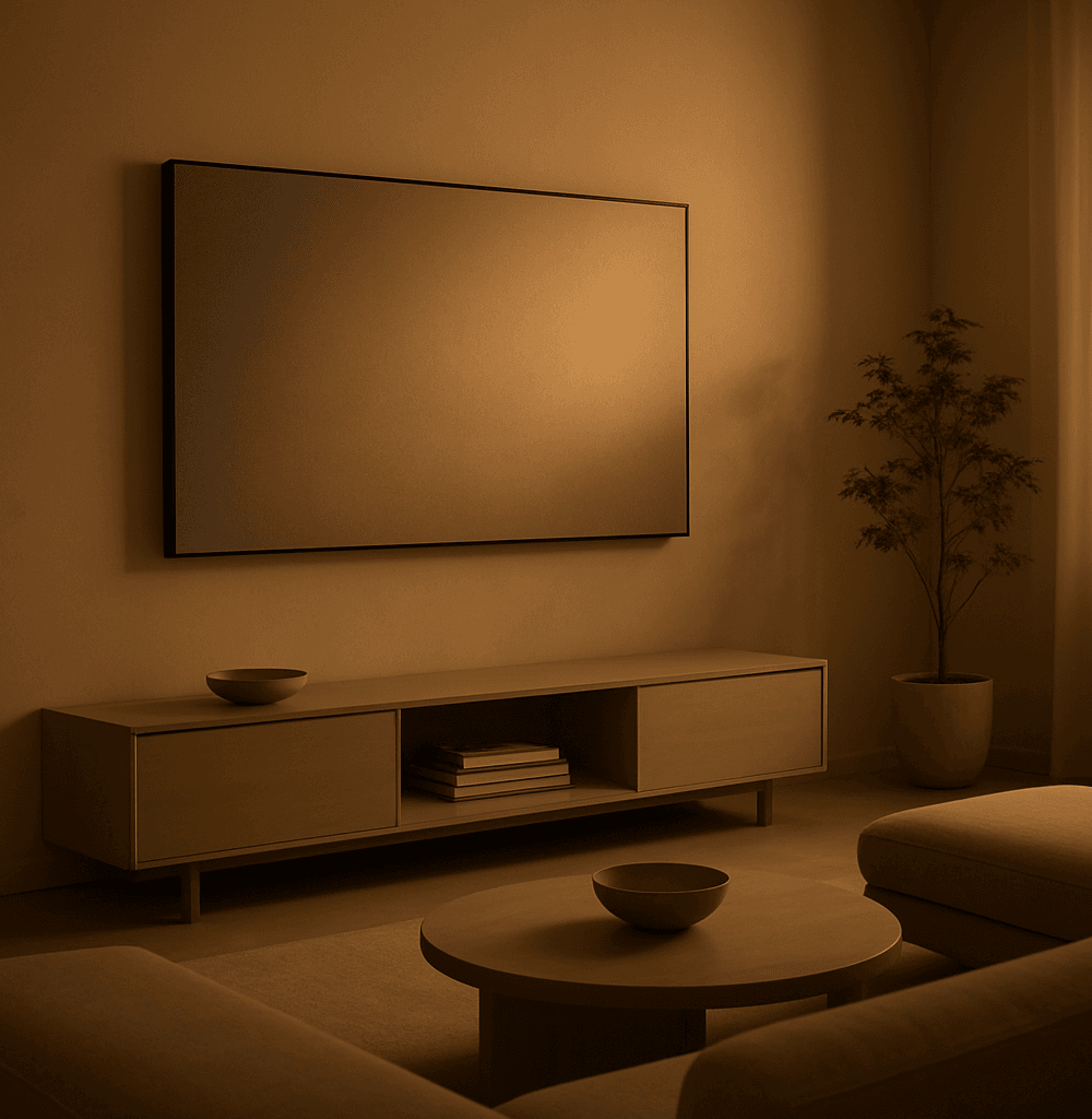 wallpaper tv ultradelgado en sala minimalista con luz cálida