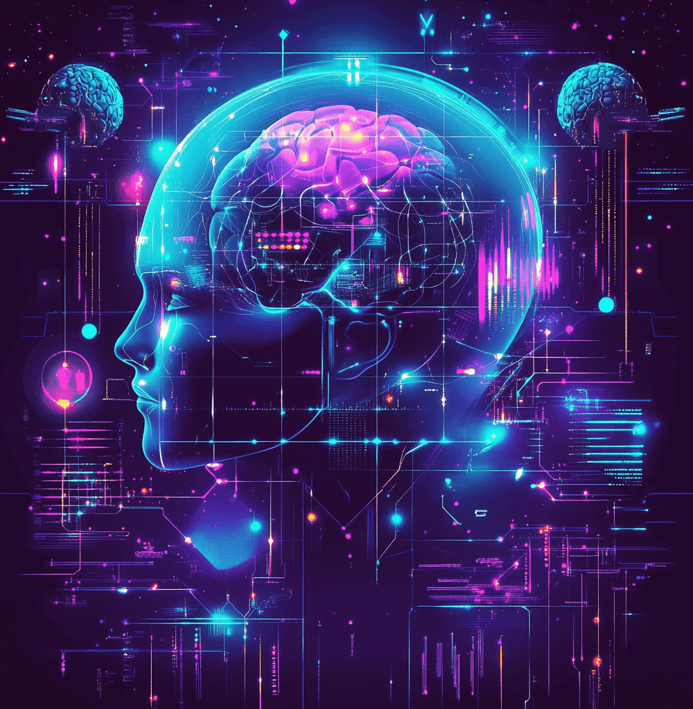 Ilustración futurista de inteligencia artificial, destacando un cerebro humano con conexiones digitales, hologramas y un estilo tecnológico vibrante
