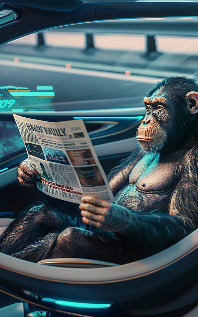 Chimpancé leyendo un periódico dentro de un coche autónomo futurista en una carretera