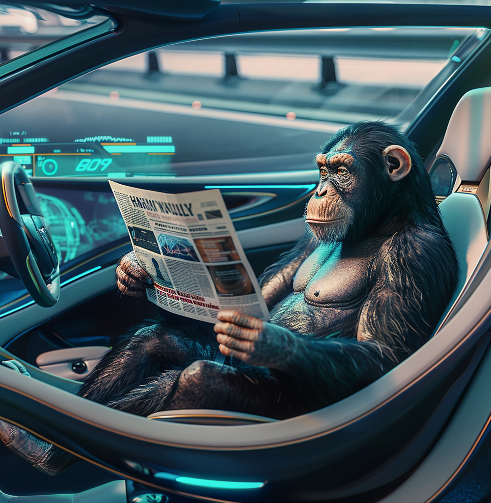 Chimpancé leyendo un periódico dentro de un coche autónomo futurista en una carretera