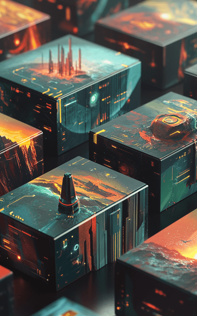 Caja de juegos de mesa futuristas con ilustraciones detalladas de paisajes alienígenas y temas de ciencia ficción, destacando entornos de alta tecnología y terrenos exóticos con efectos de luz en tonos cálidos y brillantes