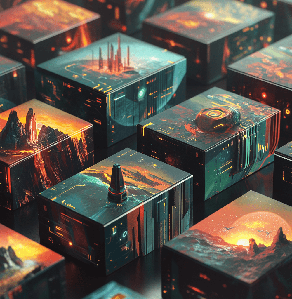 Caja de juegos de mesa futuristas con ilustraciones detalladas de paisajes alienígenas y temas de ciencia ficción, destacando entornos de alta tecnología y terrenos exóticos con efectos de luz en tonos cálidos y brillantes