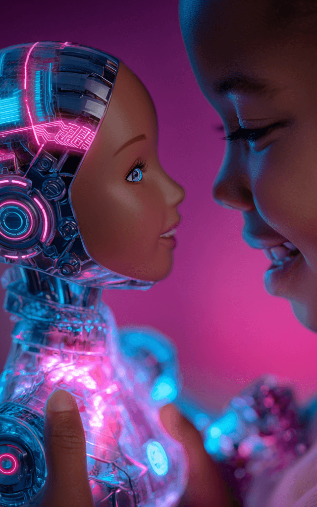 Niña interactuando con una muñeca futurista que incorpora inteligencia artificial en juguetes, destacando luces LED y diseño robótico avanzado