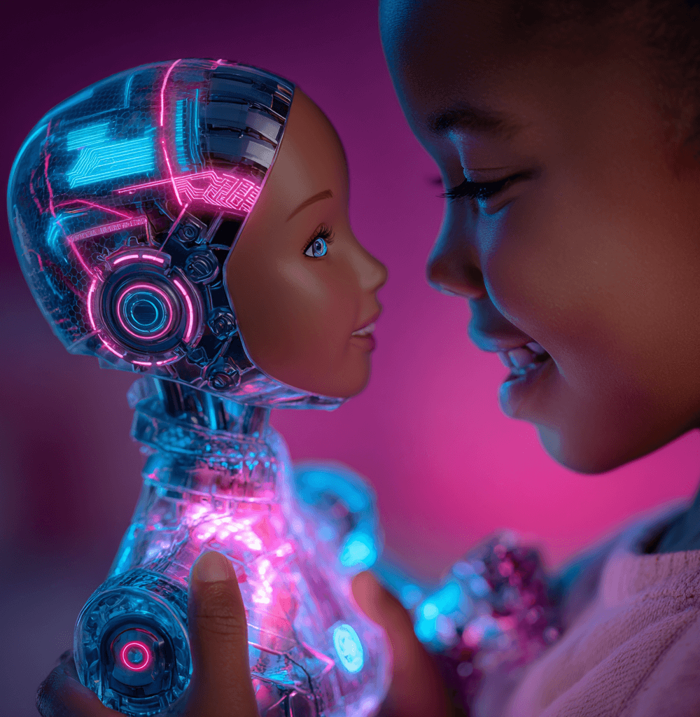 Niña interactuando con una muñeca futurista que incorpora inteligencia artificial en juguetes, destacando luces LED y diseño robótico avanzado