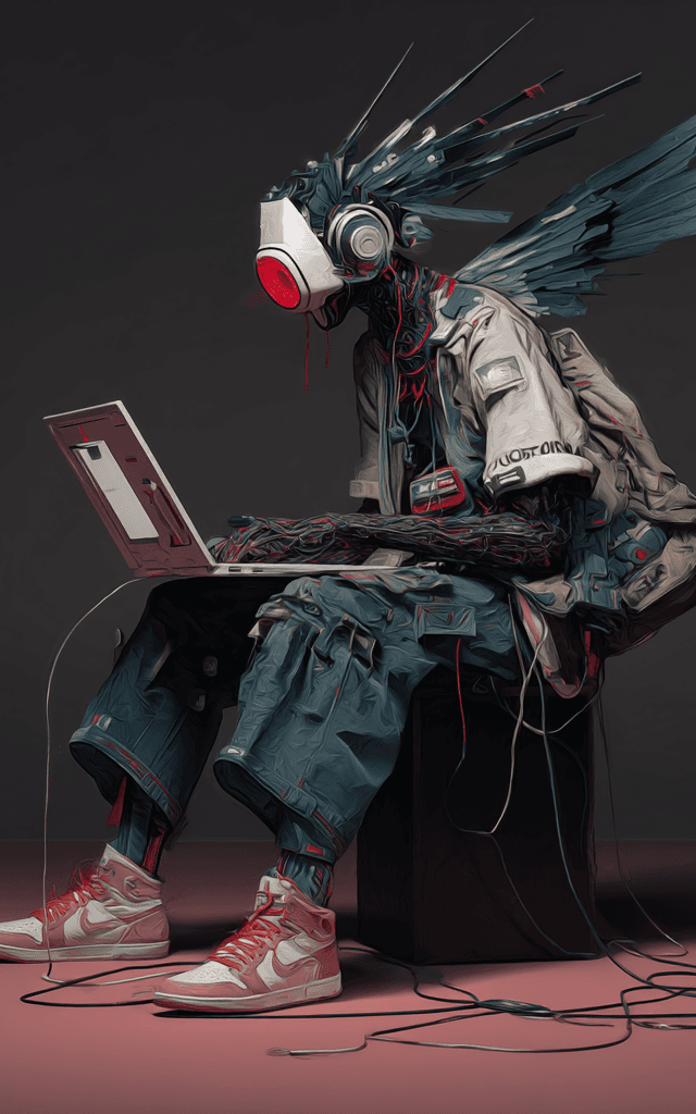 ilustración futurista de un humanoide cibernético con auriculares y alas mecánicas utilizando un portátil, rodeado de cables, en un entorno tecnológico minimalistaPortátiles de última generación 2024 con pantallas vibrantes y diseños futuristas en una mesa iluminada